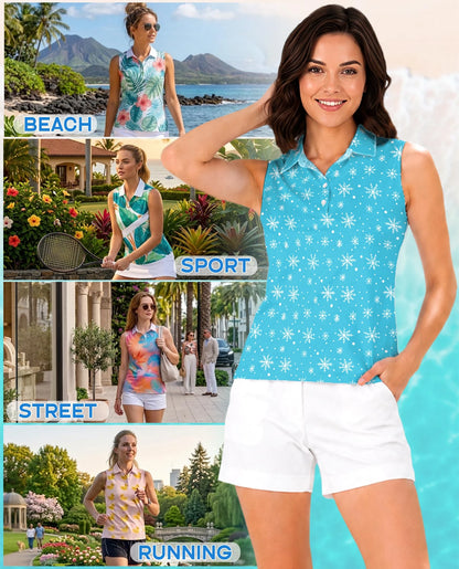 Snowflake Print Sleeveless Polo Shirt for Women | Netecom