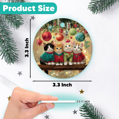 Netecom Cute Cozy Cat Christmas Ornament, Kitten Family Ceramic Ornament for Xmas Tree Hanging Decorations Gift, Cat Lover Gifts, Home Decor, Holiday Party Present