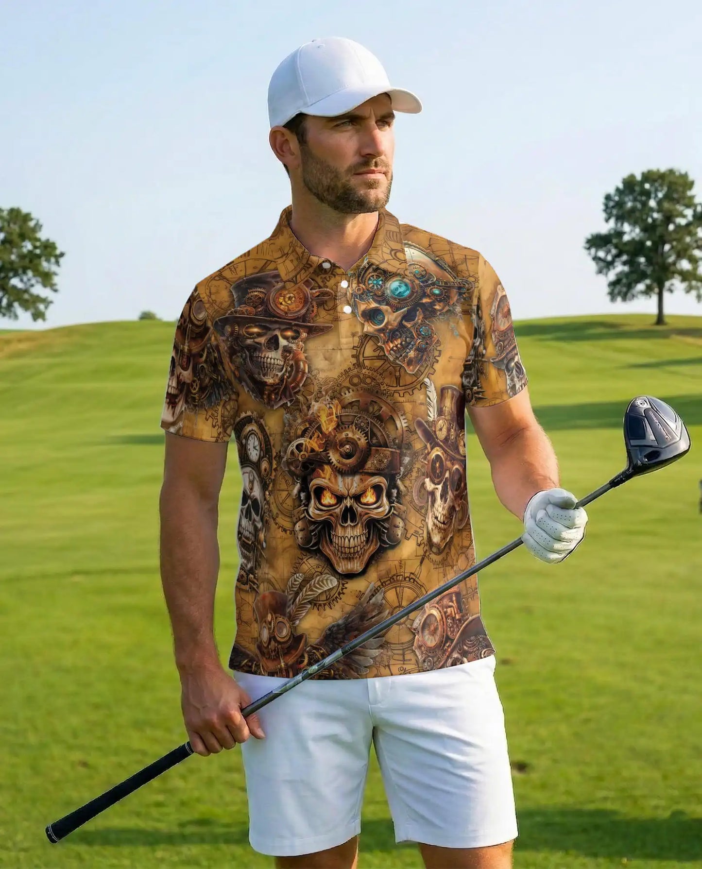 Steampunk Skull Polo Shirt for Men – Mechanical Gothic Skeleton Design | Netecom