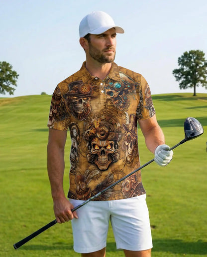 Steampunk Skull Polo Shirt for Men – Mechanical Gothic Skeleton Design | Netecom