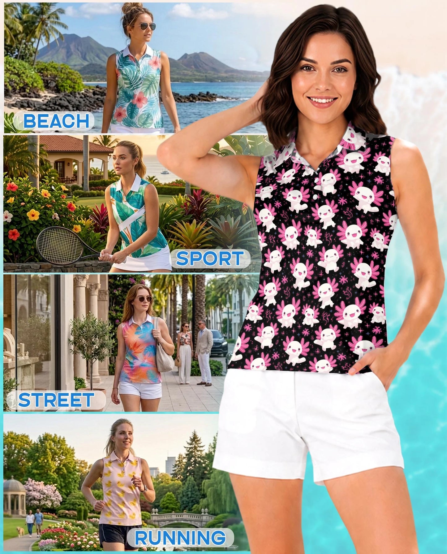 Axolotl Pattern Sleeveless Polo Shirt for Women – Cute Aquatic Animal Style | Netecom
