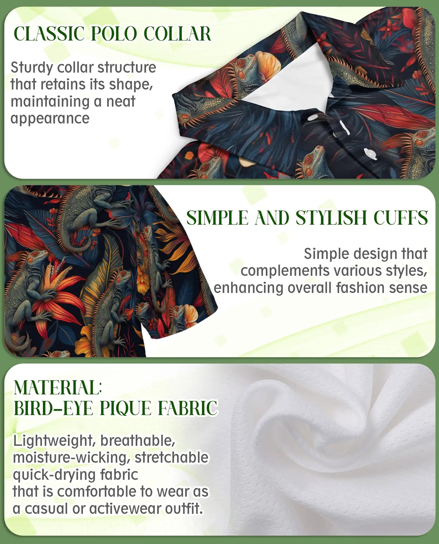 Iguana Tropical 3D Polo Shirt for Men – Reptile Jungle Floral Style | Netecom