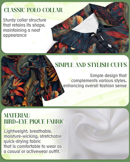 Iguana Tropical 3D Polo Shirt for Men – Reptile Jungle Floral Style | Netecom
