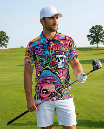 Trippy Psychedelic Skull Polo Shirt for Men – Colorful Mushroom Art | Netecom