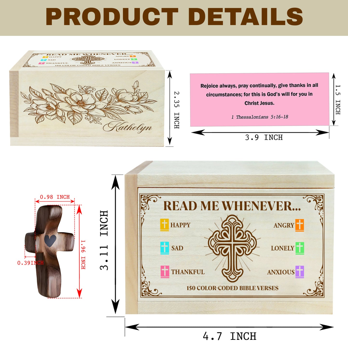 Netecom Custom Name Bible Verse Box, 150 Color-Coded Scriptures with Prayer Cross, Wooden Christian Faith Gift for Daily Reflection