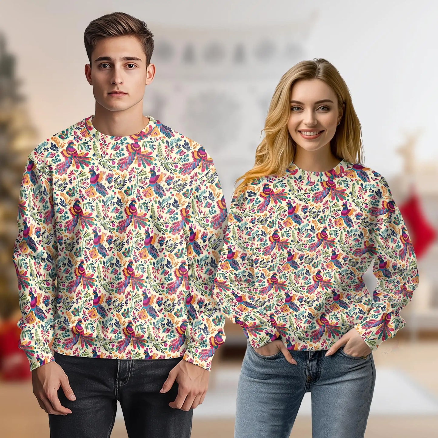 Tropical Bird Sweatshirt, 3D All Over Print Folk Art Floral Crewneck Pullover for Men Women, Exotic Bird Lover Gift - Netecom