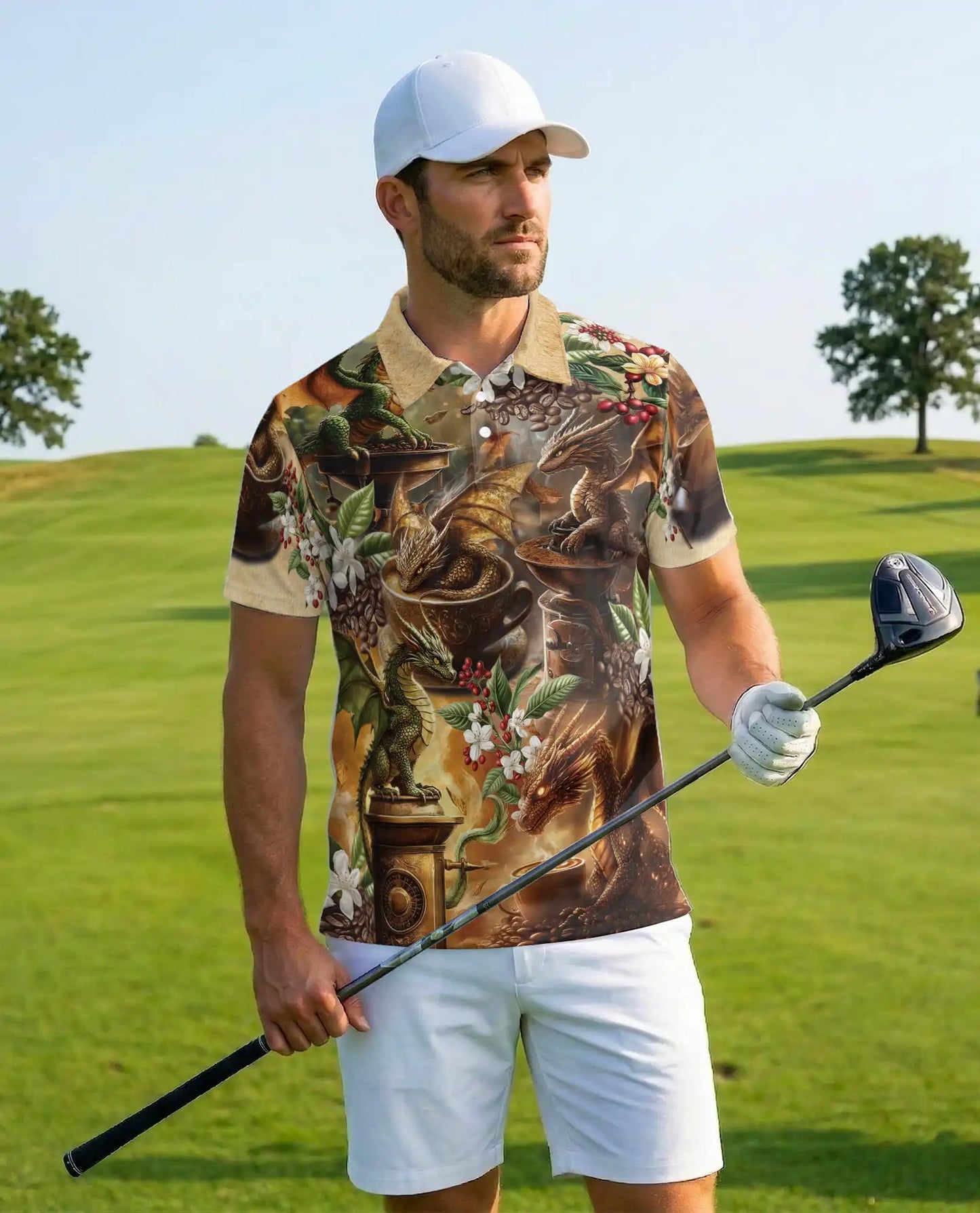 Coffee Dragon Polo Shirt for Men - Fantasy Coffee Lover | Netecom