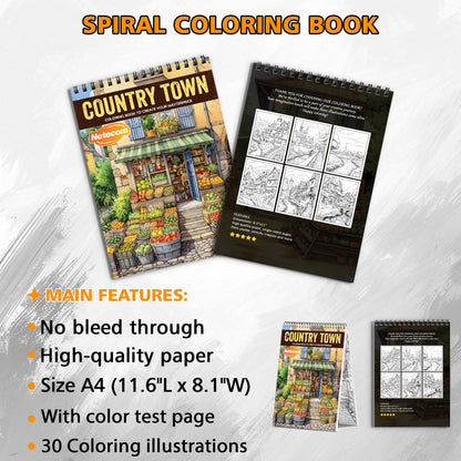 Country Town Spiral Bound Coloring Book, Picturesque Country Towns for Relaxing Coloring, Perfect for Those Seeking a Slice of Rural Life