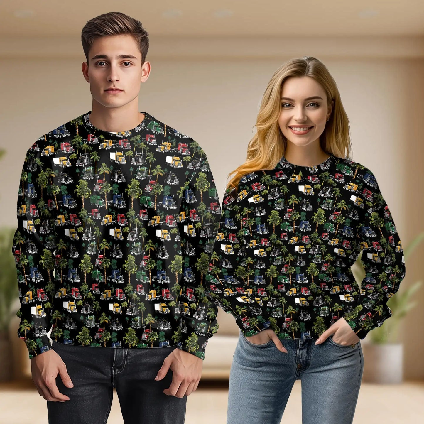 Semi Truck Palm Tree Sweatshirt, 3D All Over Print Tropical Trucker Crewneck Pullover for Men Women, Truck Driver Gift - Netecom