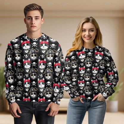 Pirate Cat Sweatshirt, 3D All Over Print Nautical Adventure Crewneck Pullover for Men Women, Pirate Cat Lover Gift - Netecom
