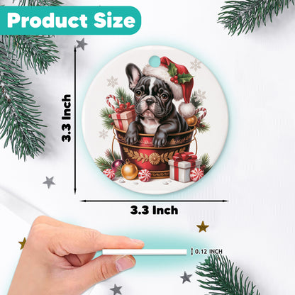 Netecom Funny French Bulldog in Bucket Ornament, Dog with Santa Hat Ceramic Ornament for Christmas Tree Hanging Decorations Gift, Puppy Lover Gifts, Home Decor, Holiday Party Present