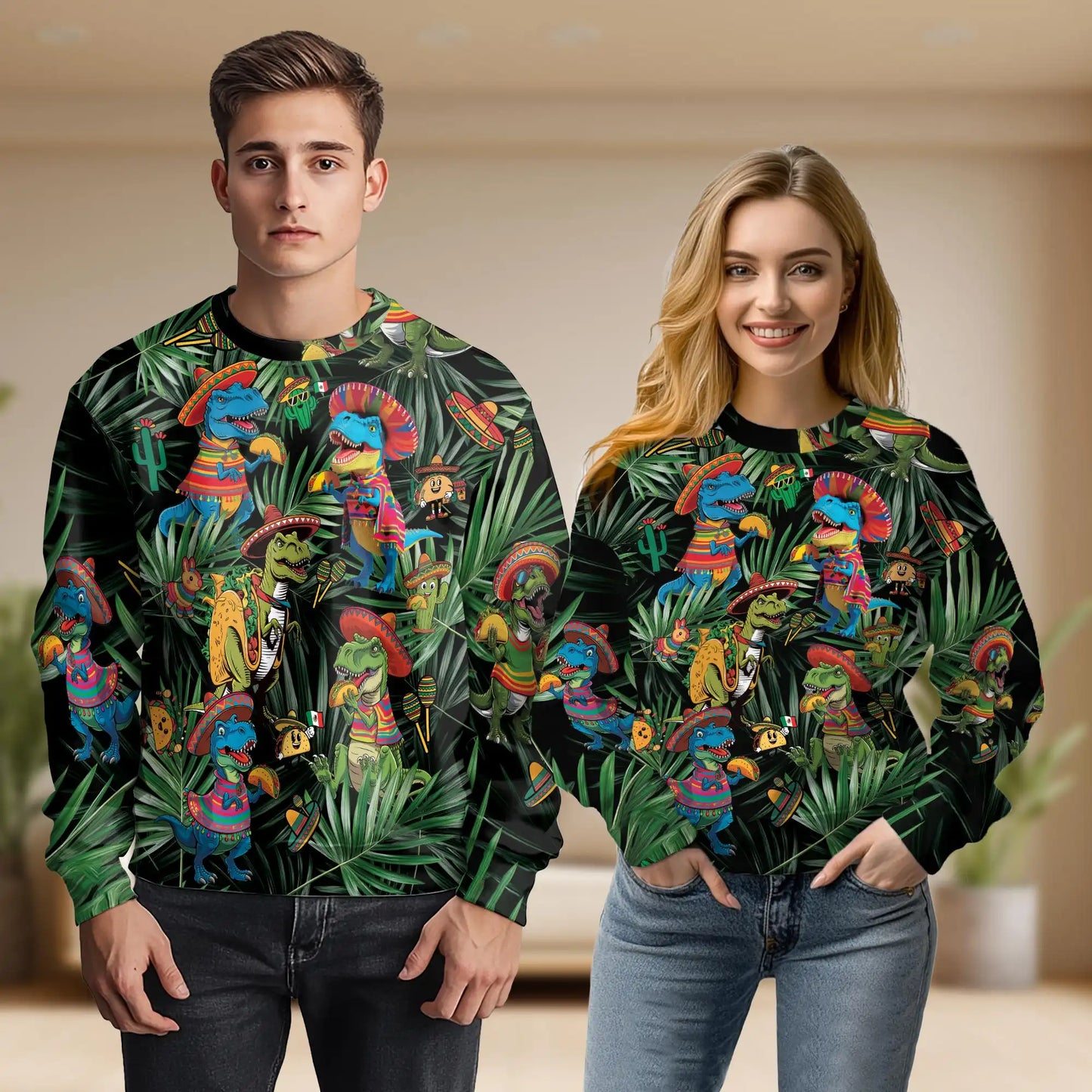 Dinosaur Sombrero Tropical Sweatshirt, 3D All Over Print Colorful Prehistoric Crewneck Pullover for Men Women, Dinosaur Lover Gift - Netecom
