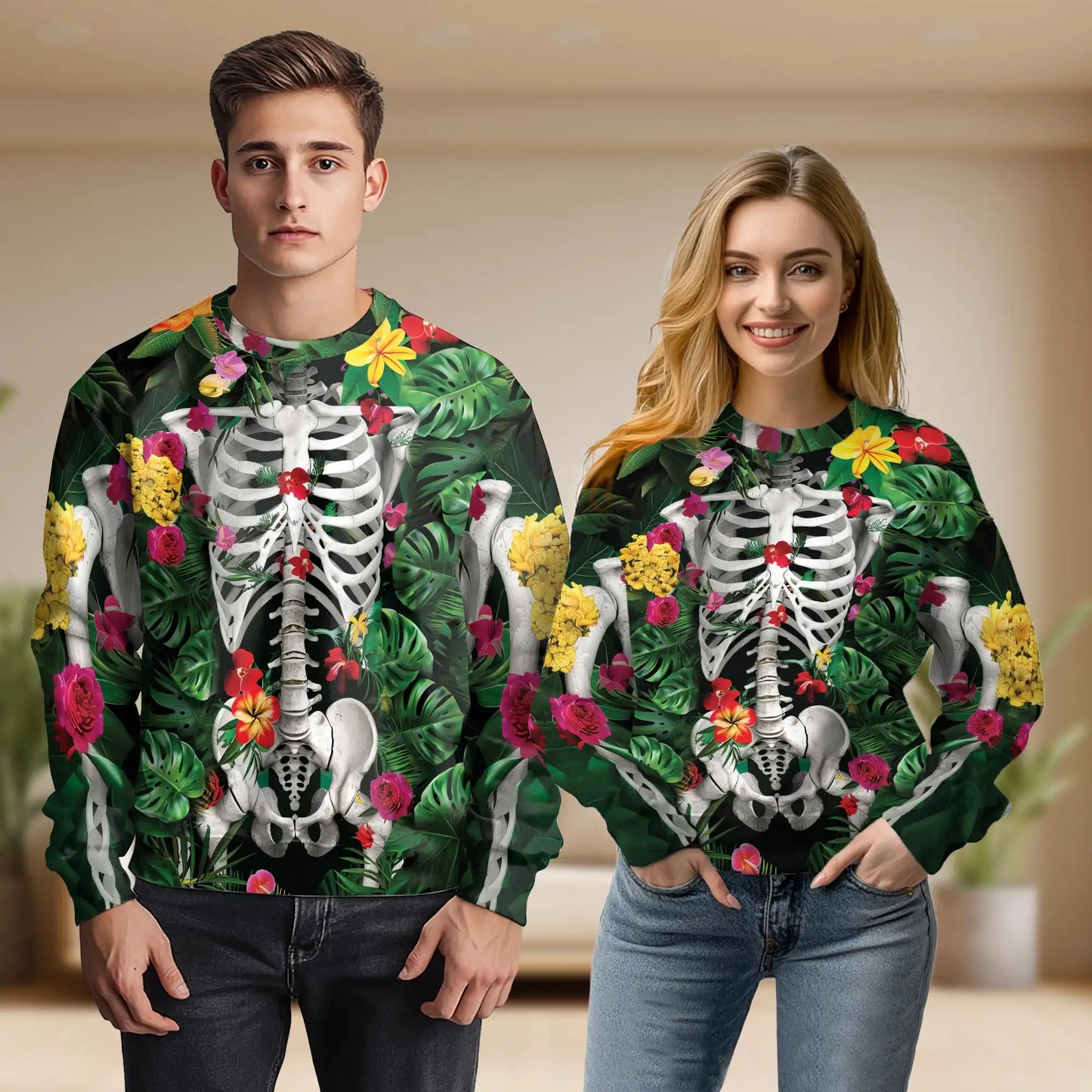 Skeleton Flowers Sweatshirt, 3D All Over Print Floral Skull Crewneck Pullover for Men Women, Gothic Skeleton Lover Gift - Netecom