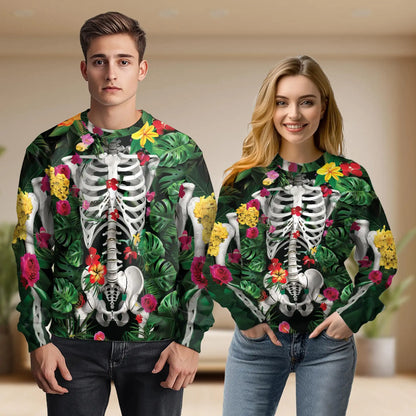 Skeleton Flowers Sweatshirt, 3D All Over Print Floral Skull Crewneck Pullover for Men Women, Gothic Skeleton Lover Gift - Netecom