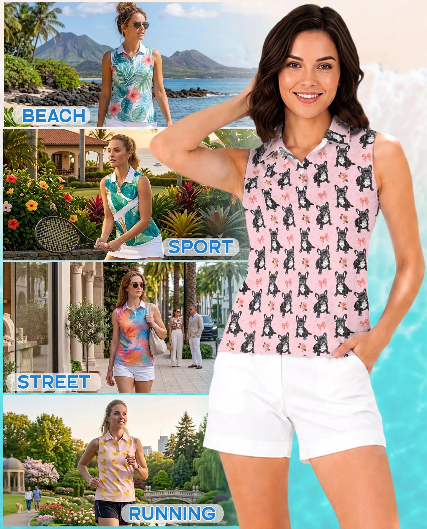 French Bulldog Sleeveless Polo Shirt for Women | Netecom