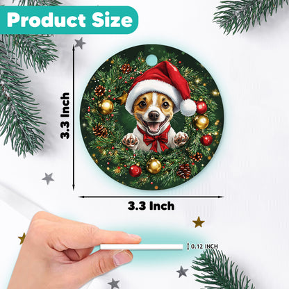 Netecom Funny Jack Russell Terrier Christmas Ornament, Dog Santa Hat Ceramic Ornament for Xmas Tree Hanging Decorations Gift, Puppy Lover Gifts, Home Decor, Holiday Party Present