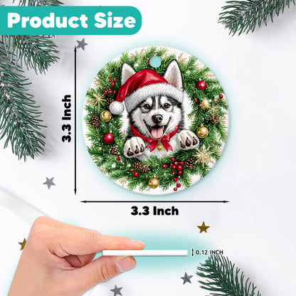 Netecom Funny Siberian Husky in Santa Hat Christmas Ornament, Puppy Ceramic Ornament for Xmas Tree Hanging Decorations Gift, Dog Lover Gifts, Holiday Party Present