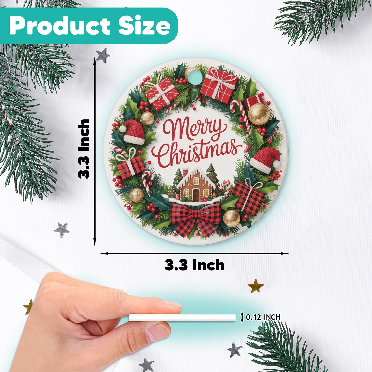 Netecom Merry Christmas Ornament, Christmas Wreath with Gifts and Gingerbread House Ceramic Ornament for Xmas Tree Hanging Decorations Gift, Home Decor, Holiday Party Present