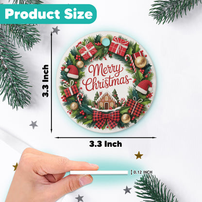 Netecom Merry Christmas Ornament, Christmas Wreath with Gifts and Gingerbread House Ceramic Ornament for Xmas Tree Hanging Decorations Gift, Home Decor, Holiday Party Present