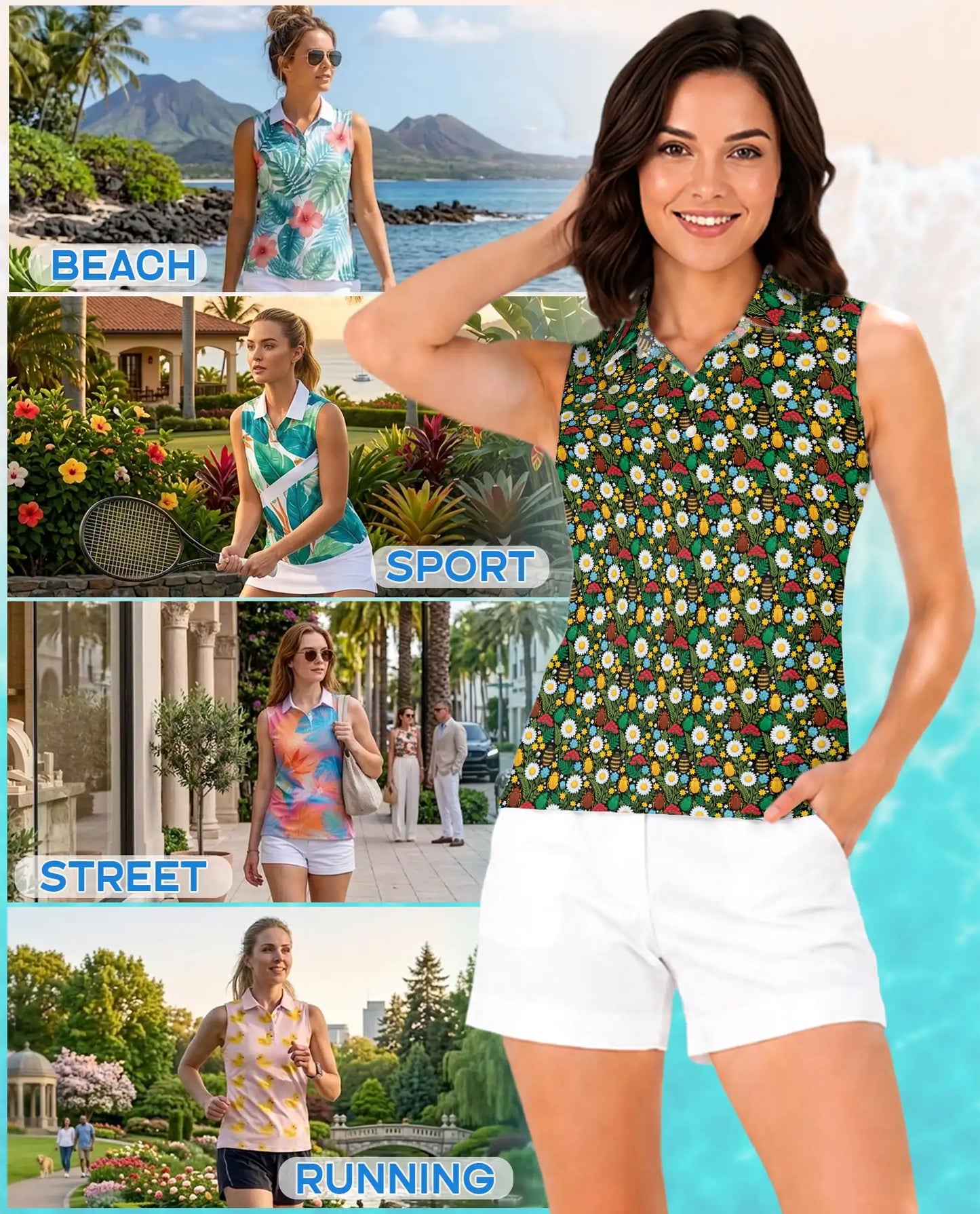 Daisy And Honey Bee Print Sleeveless Polo Shirt for Women | Netecom