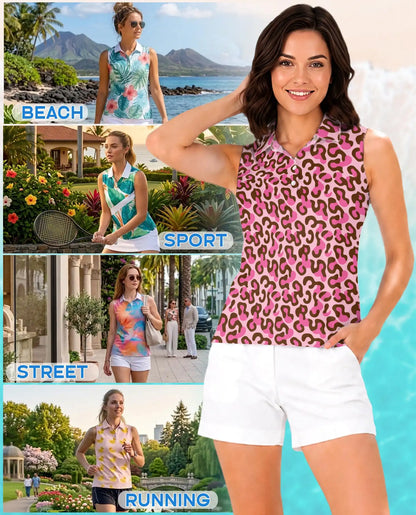Pink Cheetah Print Sleeveless Polo Shirt for Women – Bold Animal Fashion Style | Netecom