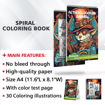 Aether Clockpunk Animals Spiral Bound Coloring Book, Discover the Whimsical Fusion of Nature and Machinery with 30 Exquisite Aether Clockpunk Animals Coloring Pages for Fans of Clockwork Art to Bring Mechanical Beasts to Life