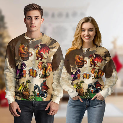 Funny Beer Dragon Sweatshirt, 3D All Over Print Fantasy Beer Crewneck Pullover for Men Women, Dragon Lover Gift - Netecom