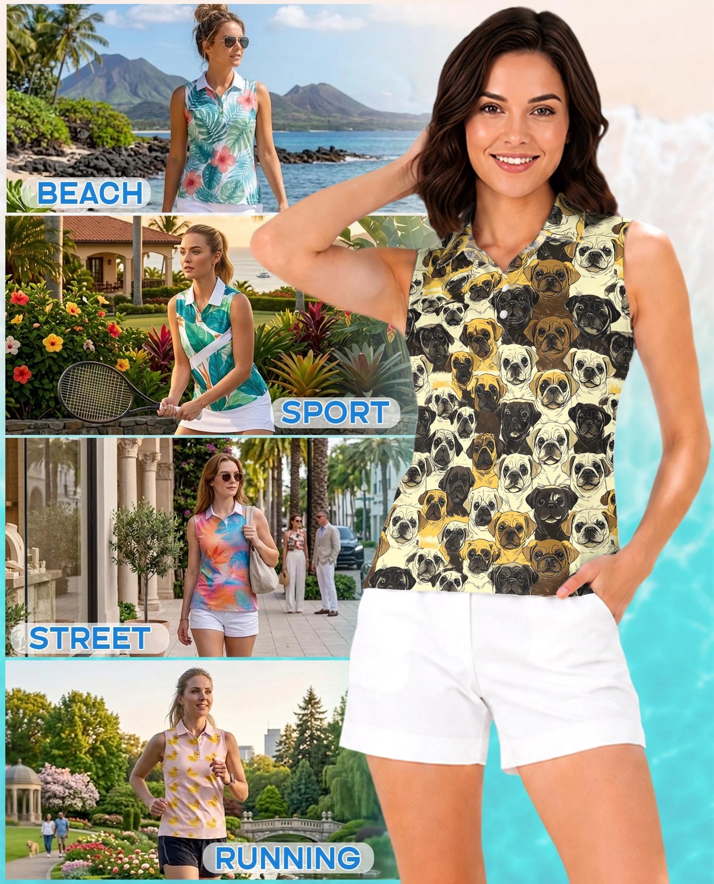 Pug Dog Pattern Sleeveless Polo Shirt for Women | Netecom