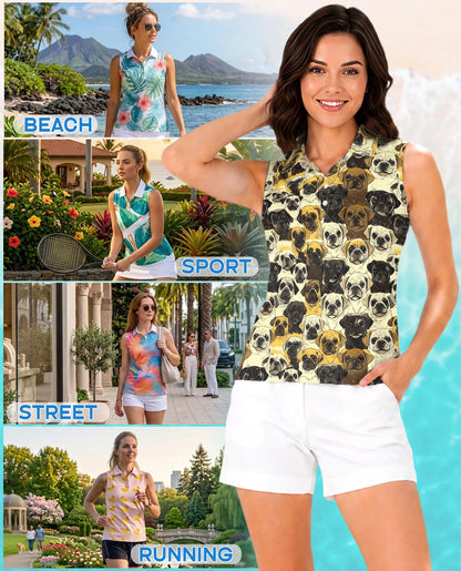 Pug Dog Pattern Sleeveless Polo Shirt for Women | Netecom