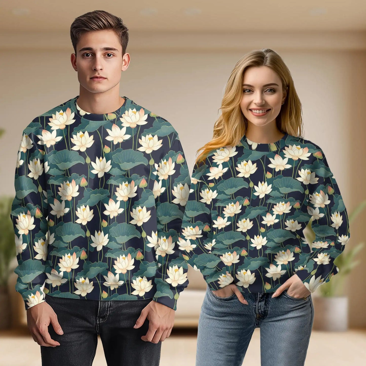 Lotus Pattern Sweatshirt, 3D All Over Print Floral Botanical Crewneck Pullover for Men Women, Lotus Lover Gift - Netecom