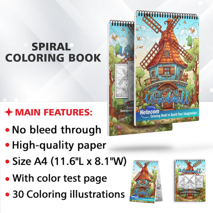 Windmill Spiral Bound Coloring Book, Unleash Your Creativity with 30 Coloring Pages, Featuring Delightful Windmills in Picturesque Rural Settings