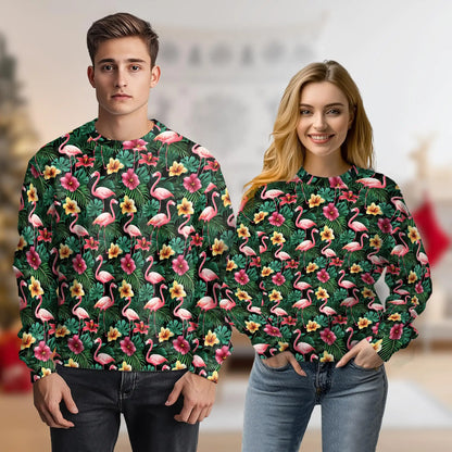 Flamingo Hibiscus Sweatshirt, 3D All Over Print Tropical Bird Floral Crewneck Pullover for Men Women, Flamingo Lover Gift - Netecom