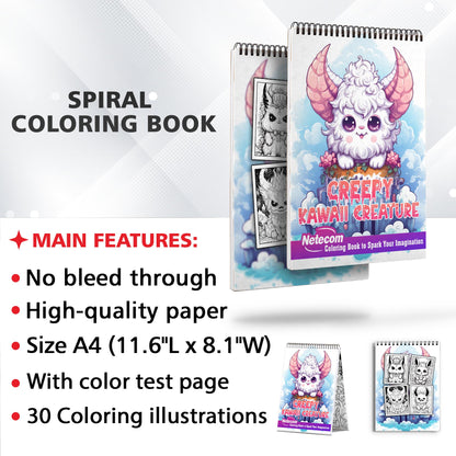 Creepy Kawaii Creature Spiral Bound Coloring Book, Dive into the Delightful Darkness: 30 Enchanting Creepy Kawaii Creature Coloring Pages for Gothic Art Lovers