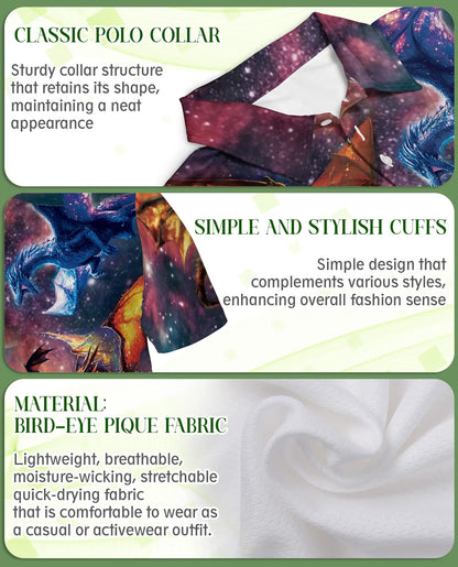 Cosmic Fantasy Dragon 3D Polo Shirt for Men – Galaxy Mythical Creature Style | Netecom