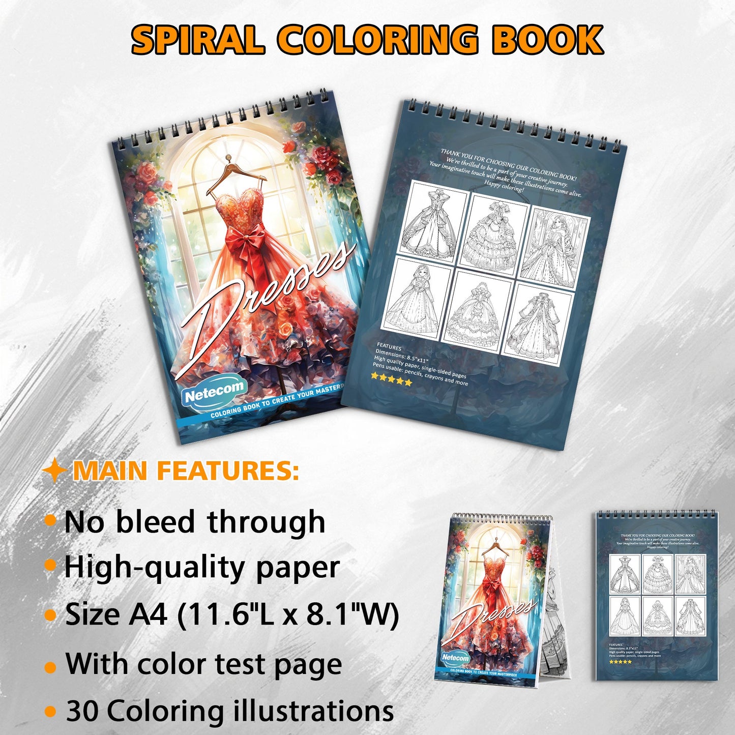 Dresses Spiral Bound Coloring Book, Elegant Dresses for Fashionable Artistic Expression, Perfect for Style Enthusiasts and Creative Minds