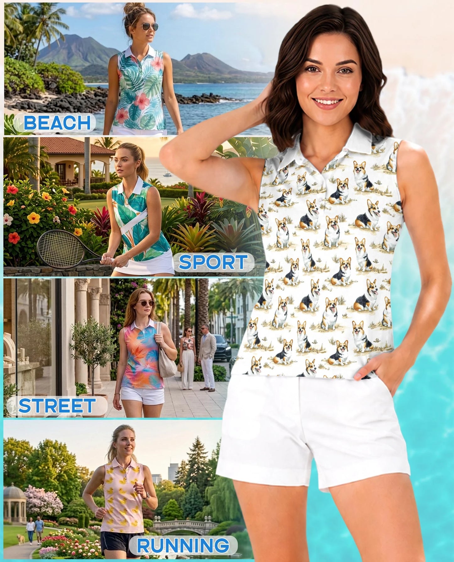 Smiling Corgi Sleeveless Polo Shirt for Women | Netecom