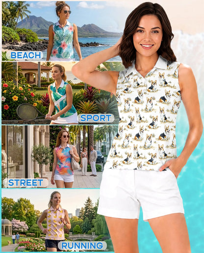 Smiling Corgi Sleeveless Polo Shirt for Women | Netecom