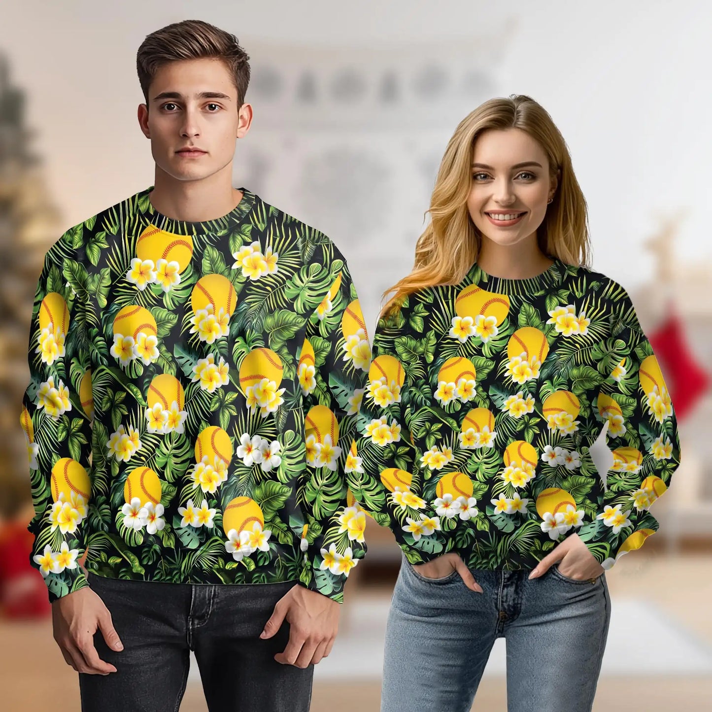 Softball Plumeria Tropical Leaves Sweatshirt, 3D All Over Print Tropical Sports Crewneck Pullover for Men Women, Softball Lover Gift - Netecom