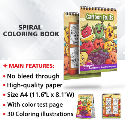 Cartoon Fruits Spiral Bound Coloring Book, Dive into 30 Juicy and Bright Cartoon Fruit Coloring Pages for a Refreshing Coloring Escape