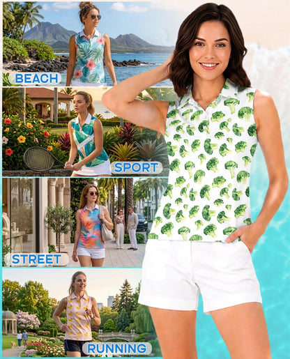 Broccoli Pattern Sleeveless Polo Shirt for Women | Netecom