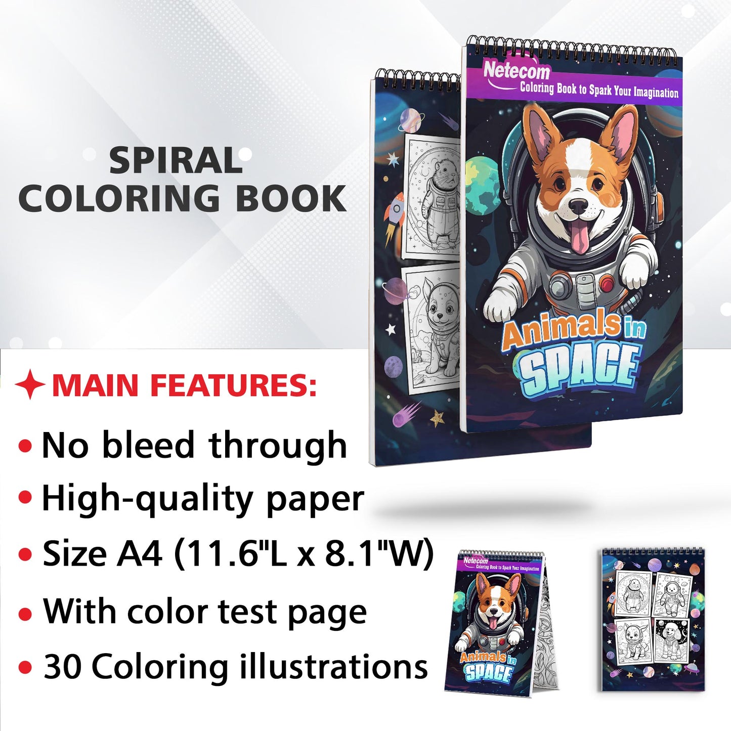 Animal In Space Spiral Bound Coloring Book, Unleash Your Creative Orbit with 30 Animals in Interplanetary Space