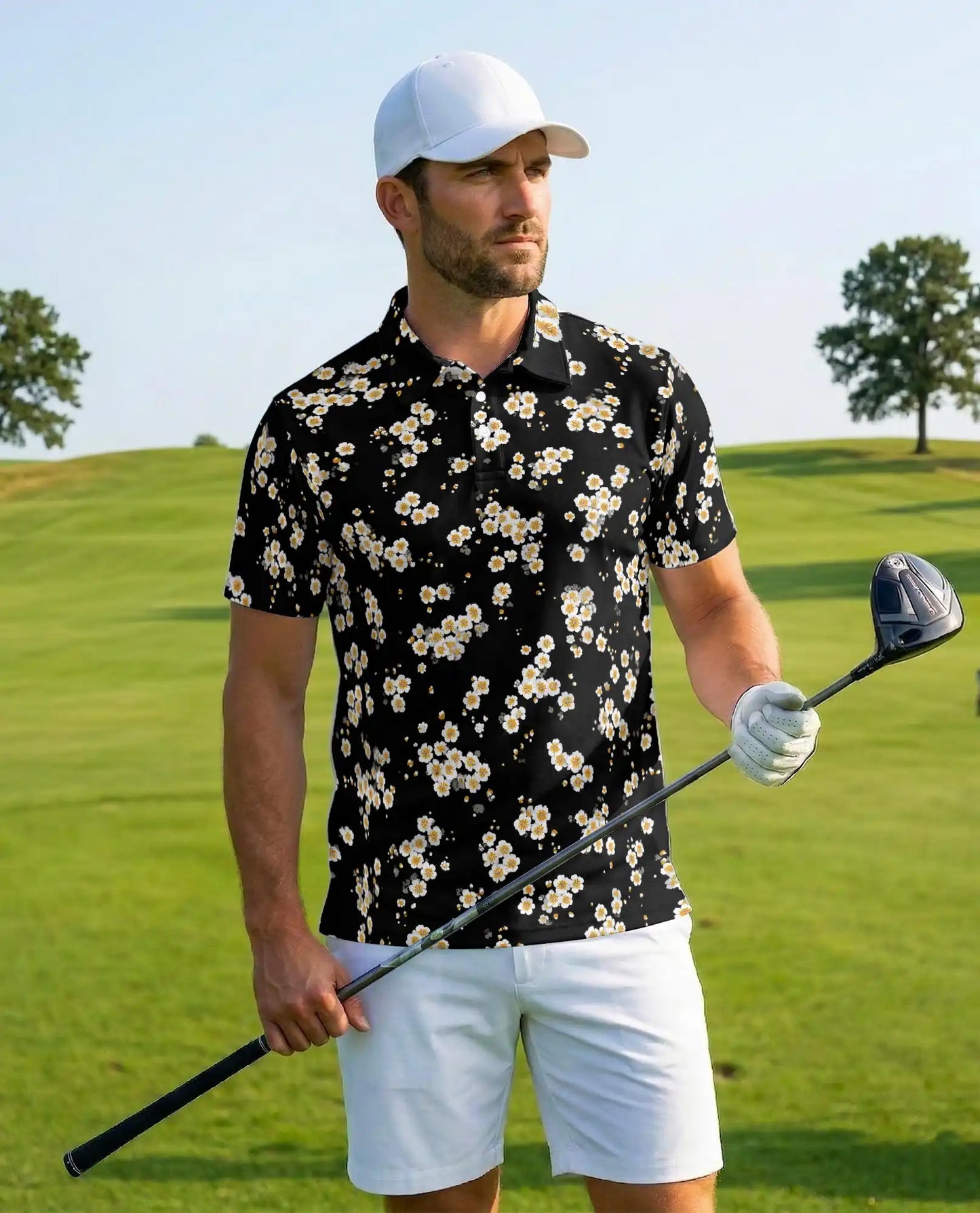 Daisy Flower Polo Shirt for Men – Minimal Floral Style | Netecom