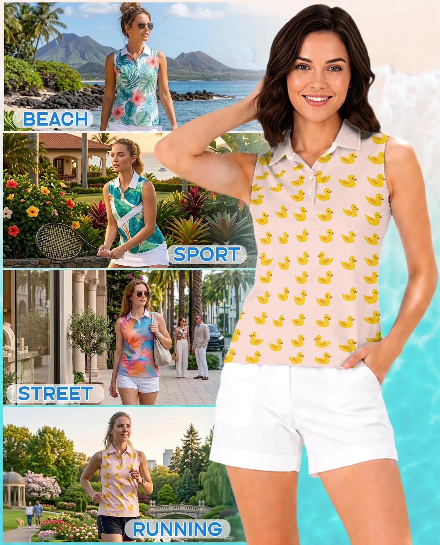 Cute Yellow Duck Sleeveless Polo Shirt for Women | Netecom