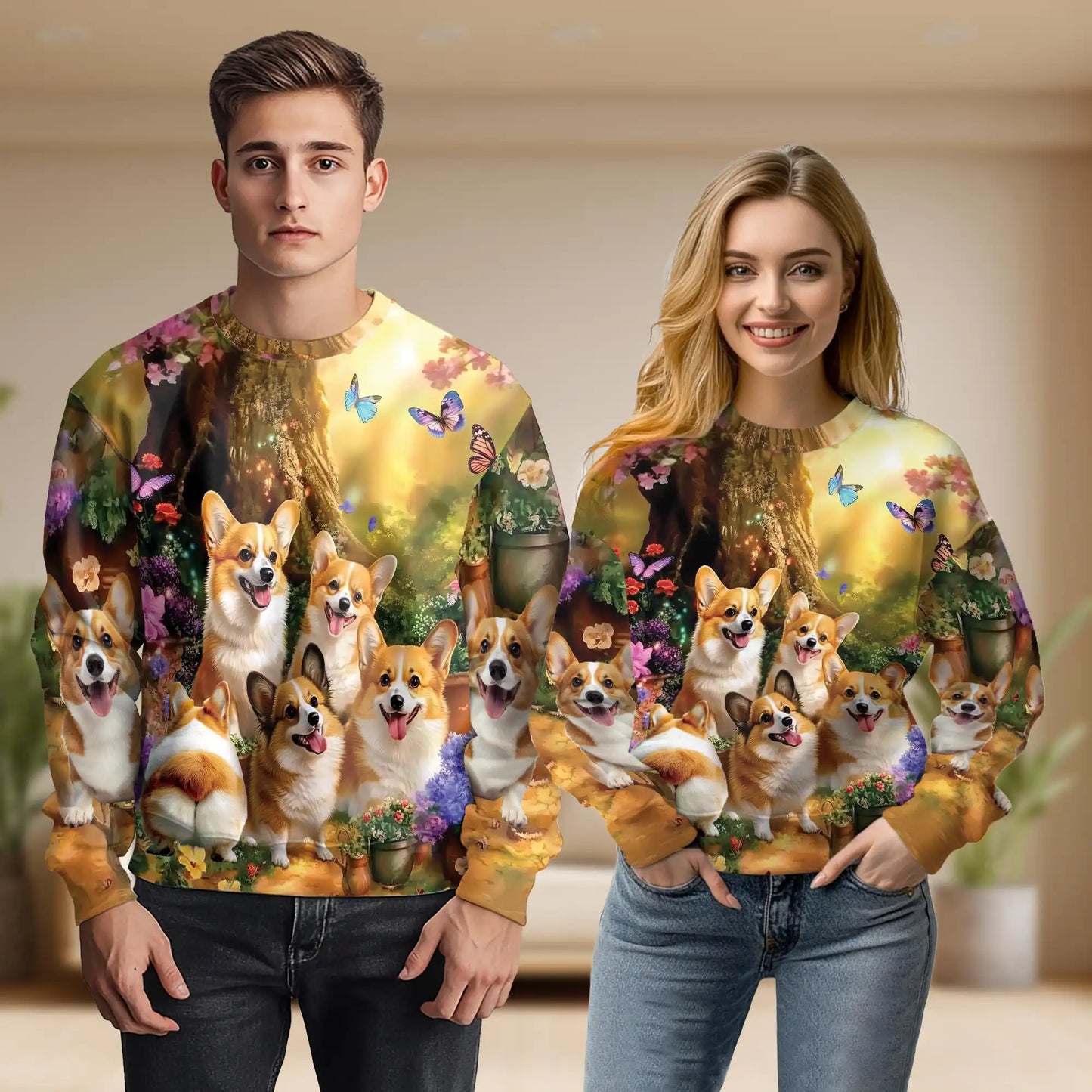 Fairy Corgi Flower Sweatshirt, 3D All Over Print Fantasy Floral Dog Crewneck Pullover for Men Women, Corgi Lover Gift - Netecom