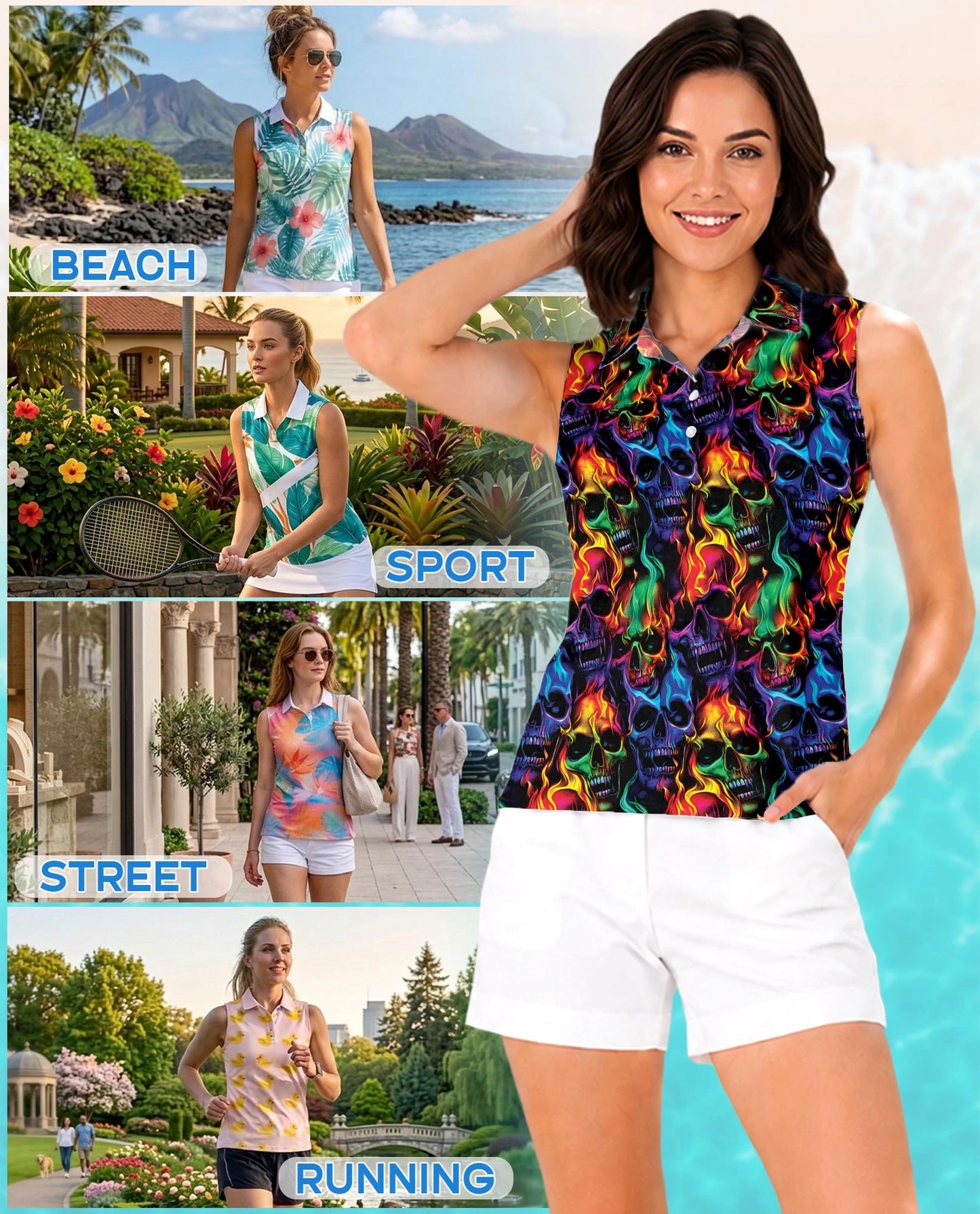 Flame Skull Sleeveless Polo Shirt for Women | Netecom