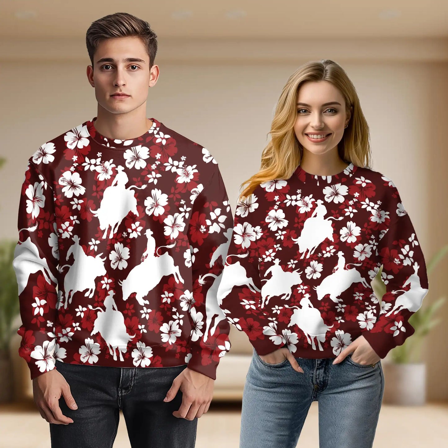 Tropical Bull Riding Sweatshirt, 3D All Over Print Western Rodeo Crewneck Pullover for Men Women, Bull Rider Gift - Netecom
