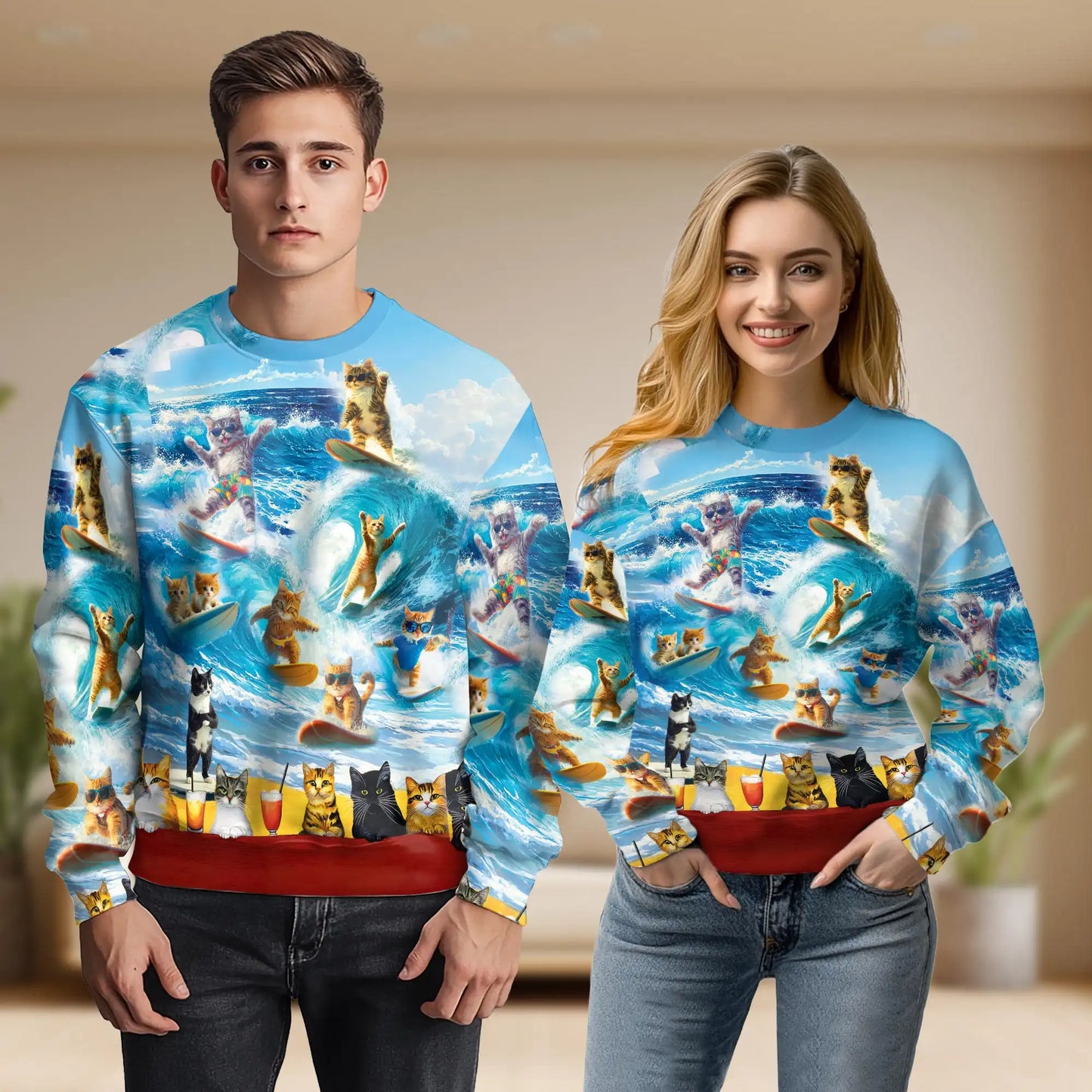 Cat Surfing Sweatshirt, 3D All Over Print Funny Beach Cat Crewneck Pullover for Men Women, Cat Lover Gift - Netecom