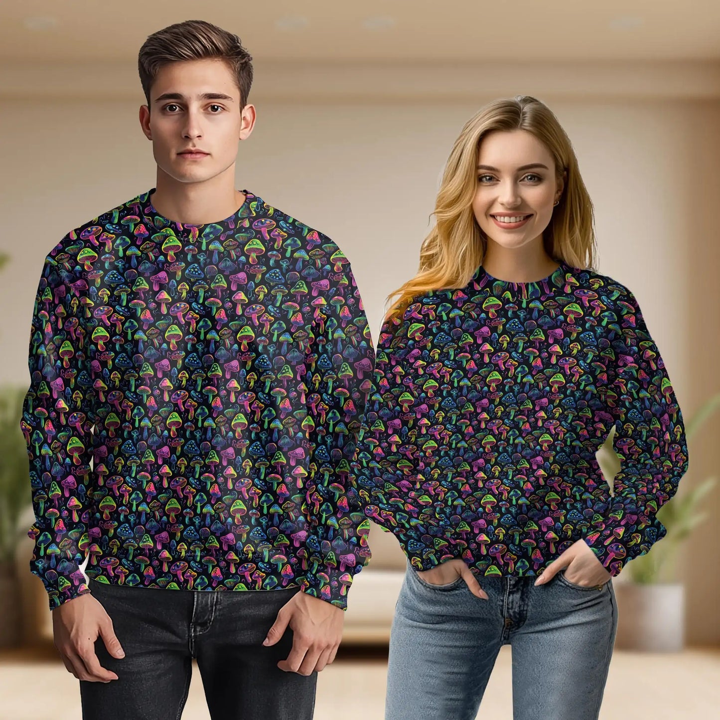 Neon Mushroom Sweatshirt, 3D All Over Print Psychedelic Fungi Crewneck Pullover for Men Women, Trippy Mushroom Lover Gift - Netecom