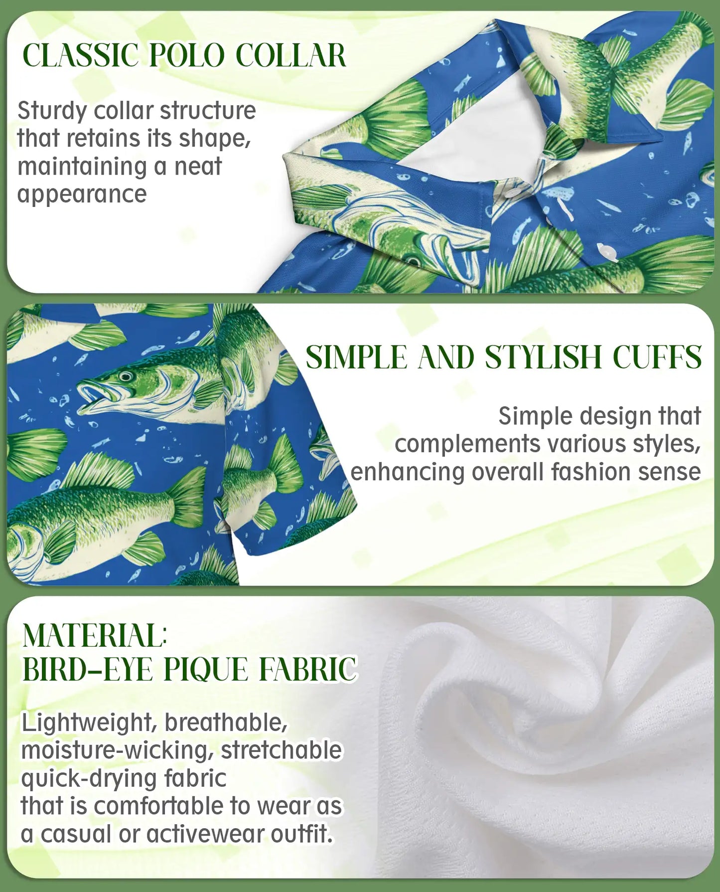 Largemouth Bass Fish Polo Shirt for Men- Angler Fish Pattern | Netecom