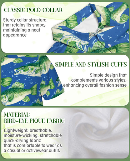 Largemouth Bass Fish Polo Shirt for Men- Angler Fish Pattern | Netecom